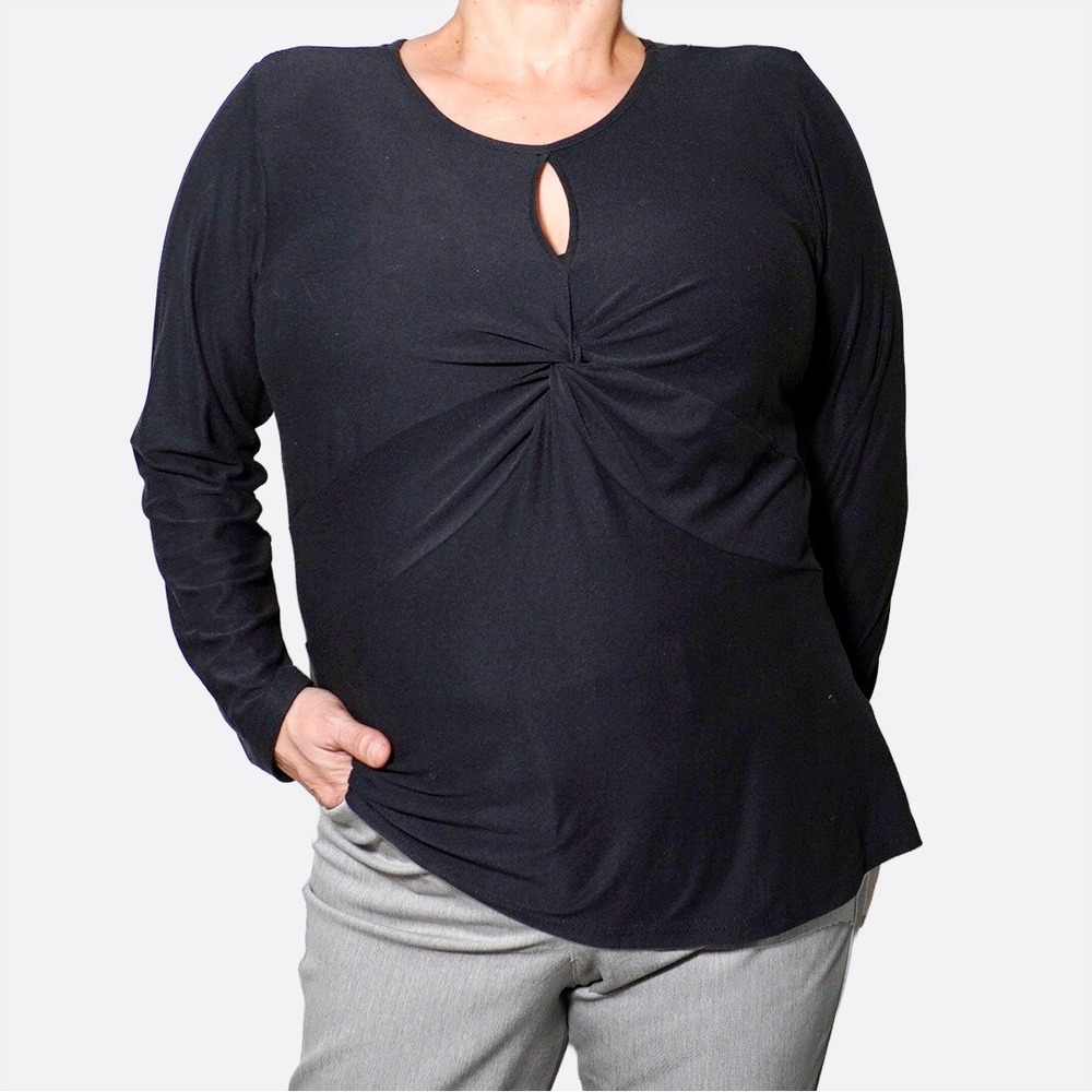 Black Long Sleeve Twist‎ Front Top XL 1X Plus Size Keyhole Blouse Soft Stretch